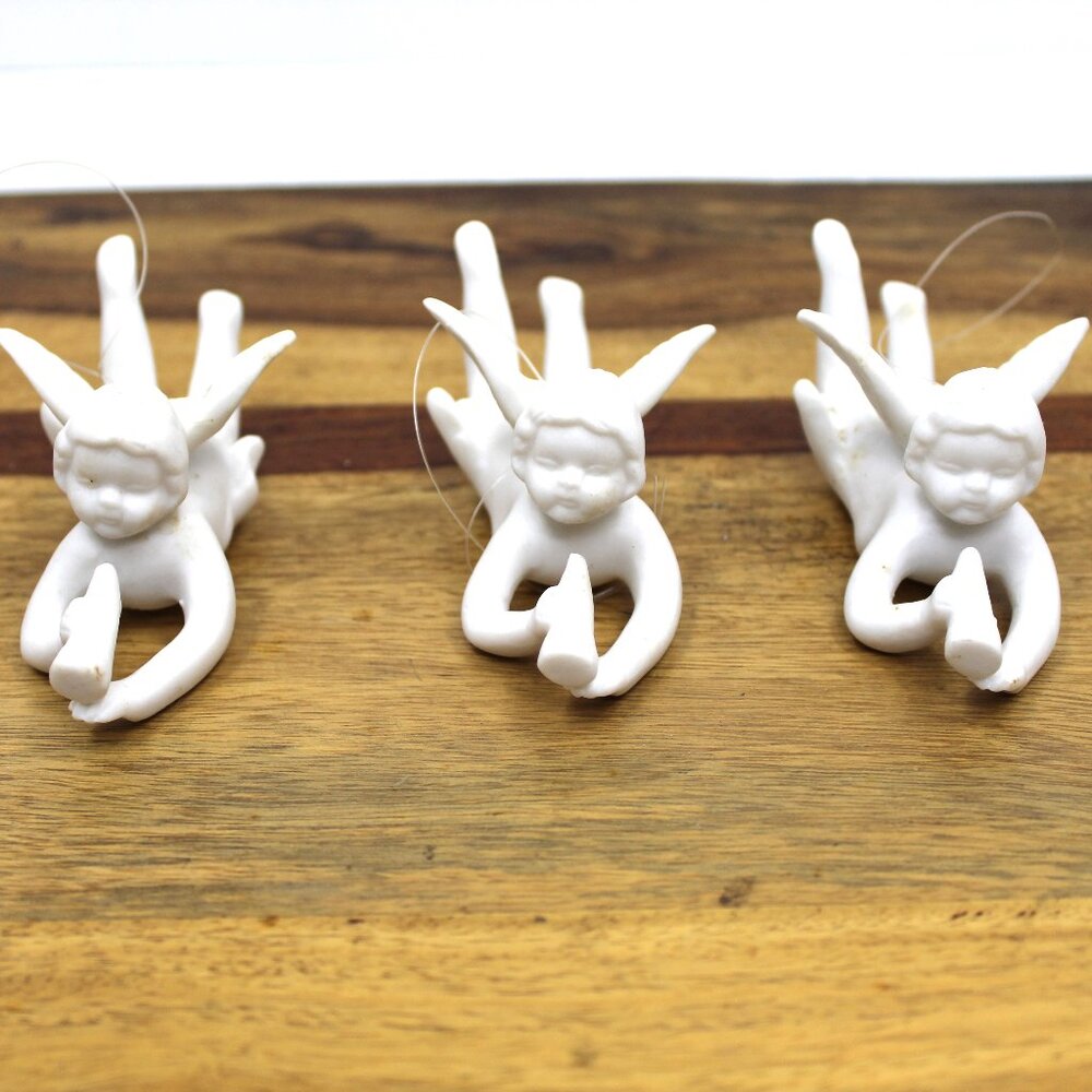 Set of 3 White Porcelain Angels with Trumpet Christmas Tree Ornaments